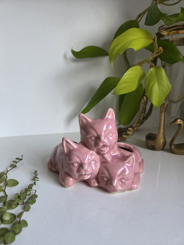 Vintage Ceramic Pink Triple Three Cat Planter