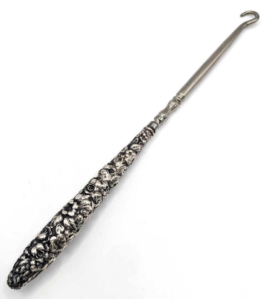 Antique Victorian Repousse Floral Sterling Silver ? Button Hook