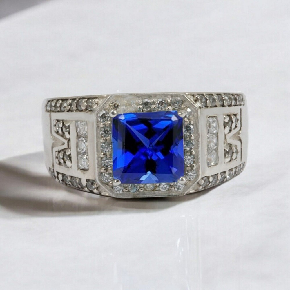 Blue Sapphire Emerald Cut Gemstone With 14K Solid White Gold Ring For Men's #813