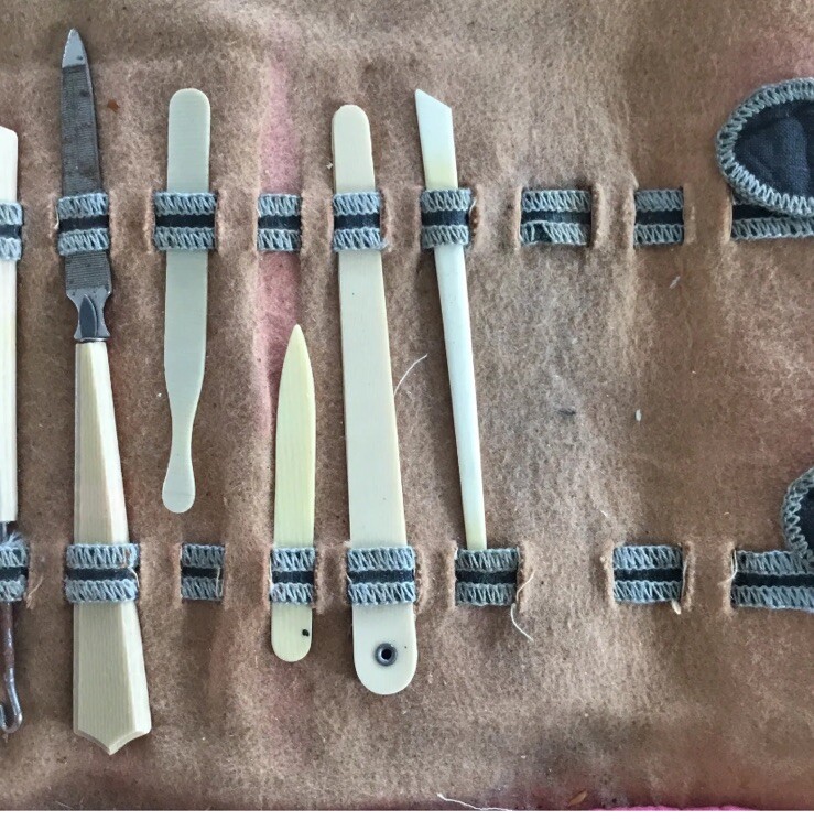 Antique CELLULOID MANICURE SET Lined Original Leather Case 12 PCs Plus Case