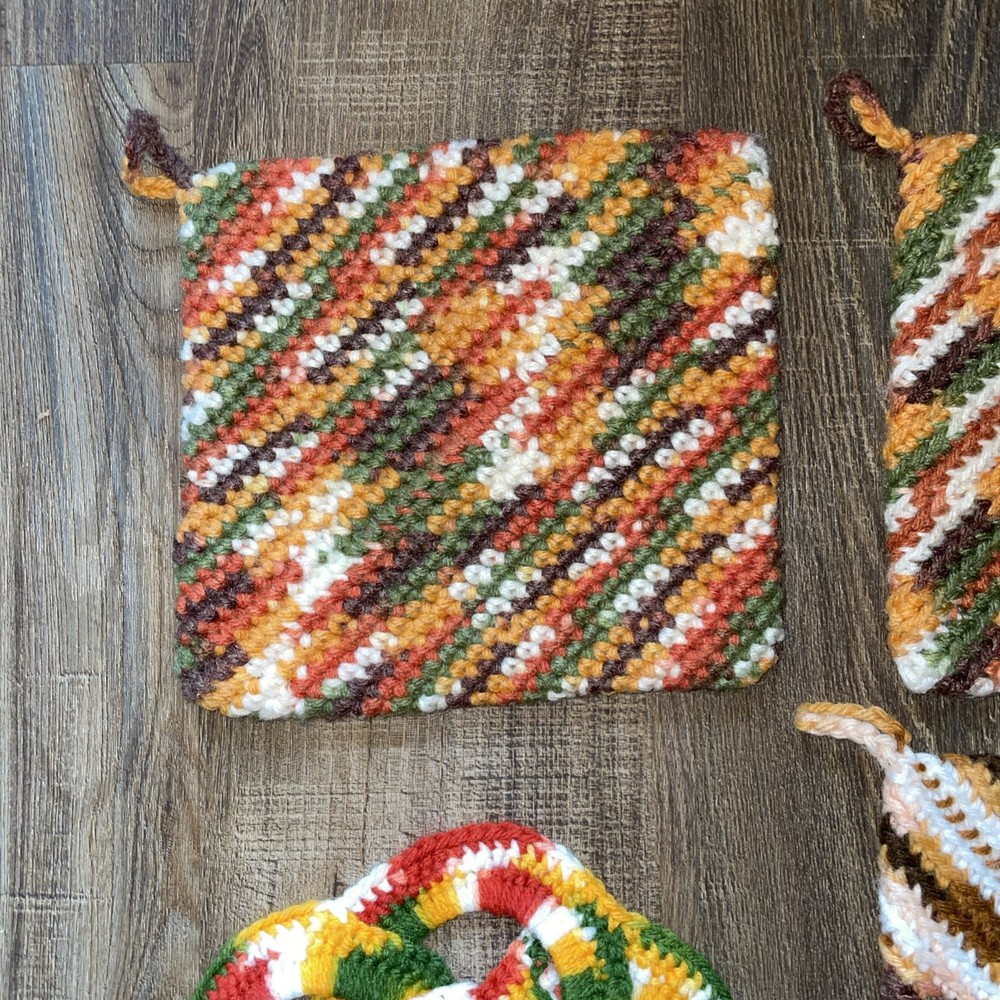3 Handmade Crocheted Pot Holders + 2 Hot Pads Multicolor