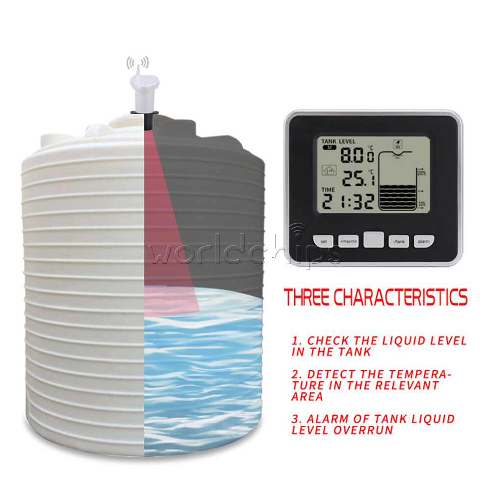 Ultrasonic Water Tank Liquid Level Meter With Temperature Sensor Time Display