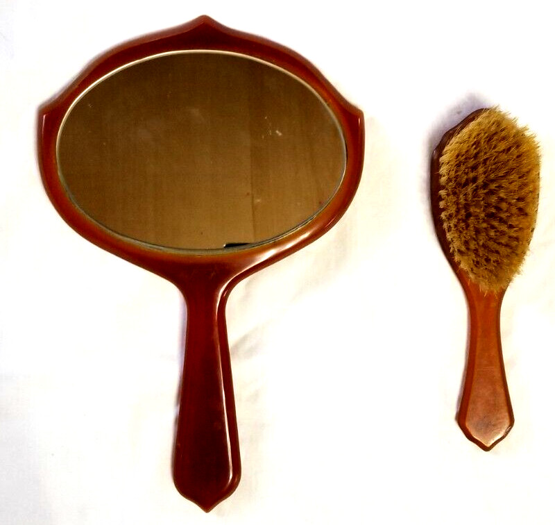 Vanity Set Butterscotch Bakelite Beveled Mirror Brush VTG Lady Hamilton MCM