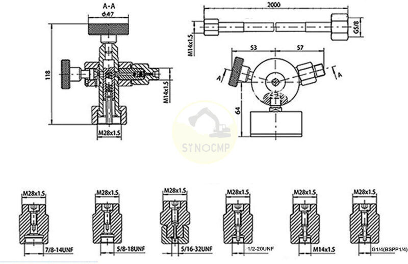 Hydraulic Nitrogen Accumulator Charging System Pressure Gague Adapter Test Kit