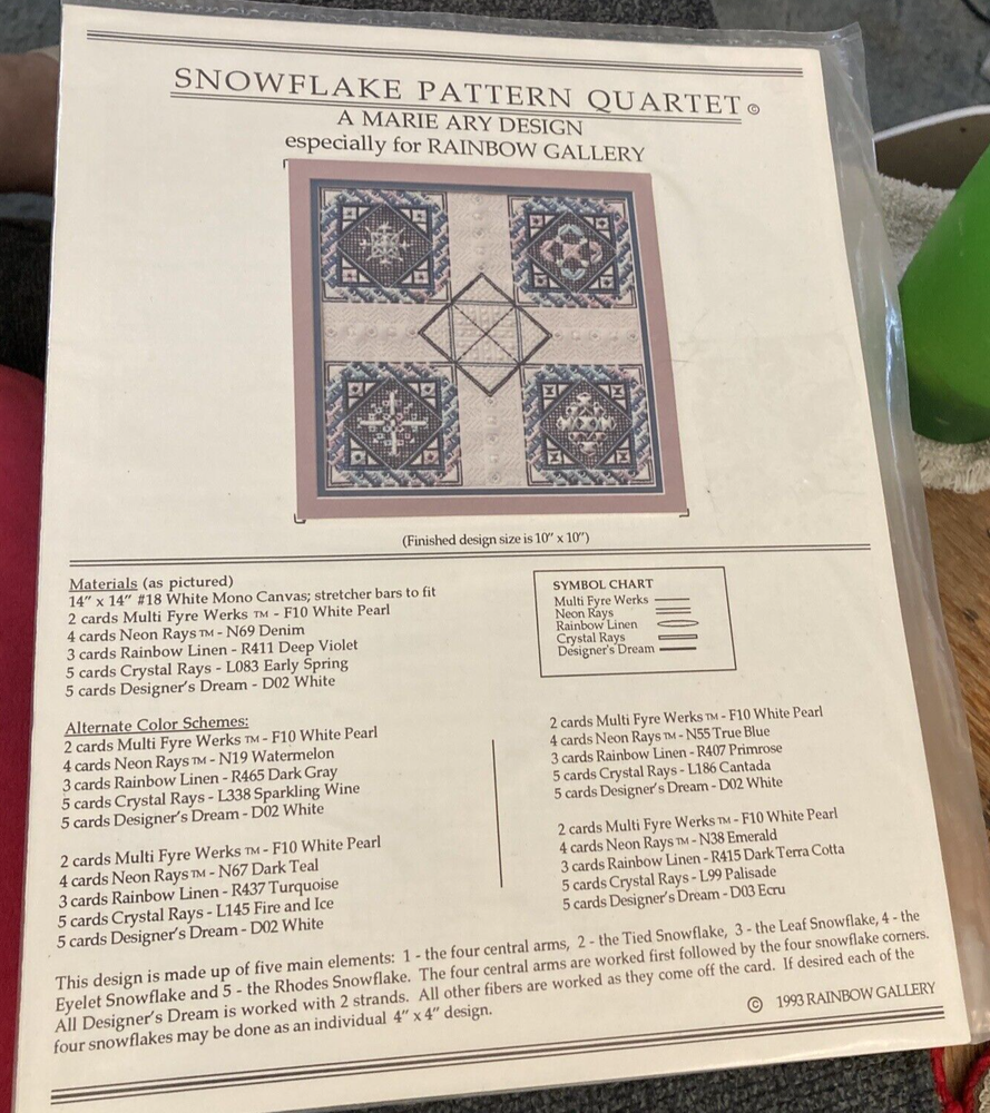 Rare Rainbow Gallery Snowflake Pattern Quartet Needlepoint 93' pattern only