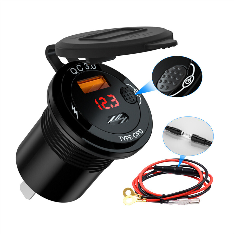 USB Type-C Car Phone Charger Socket Fast Charging Outlet Adapter W/Power Switch