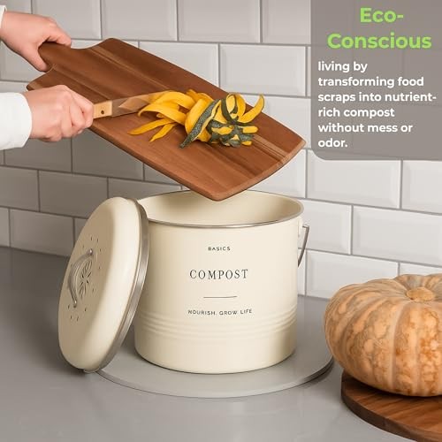Kitchen Compost Bin – 1.3 Gallon Countertop Farmhouse Compost Container Cream