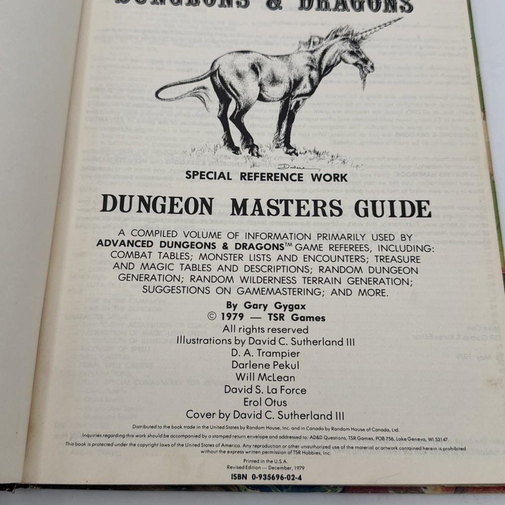 Dungeon Masters Guide Advanced D&D TSR Revised Dec. 1979 Edition Gary Gygax 1st
