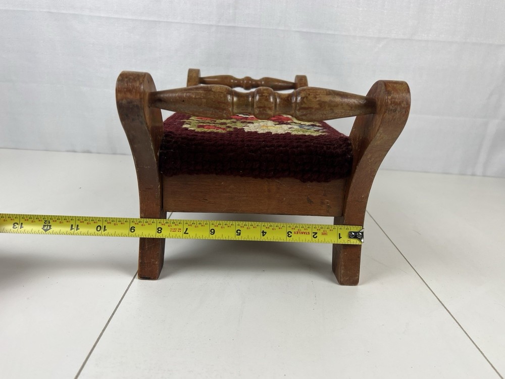 Antique Solid Wood Frame Needlepoint Cushion Top Small Footstool Fair Condition
