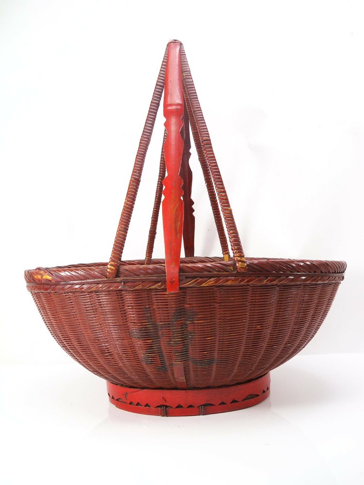 Vintage Large Chinese Red Basket Signed 1950