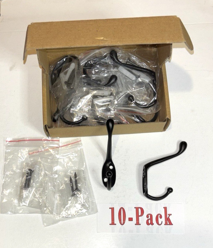 Modern Wall Mounted Coat Hooks, Double Prong, 10 Pack, Black with Hardware