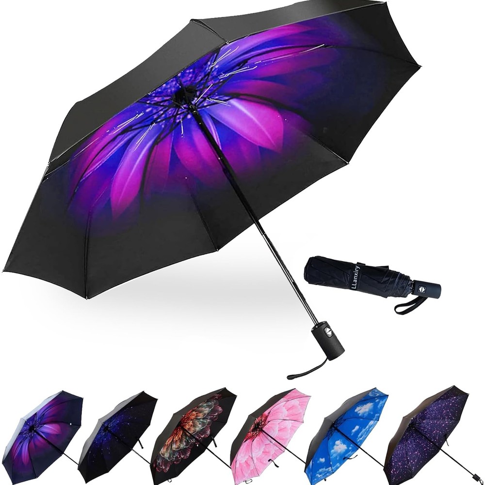LLanxiry Compact Travel Umbrella, 44" Canopy, Automatic Open/Close Windproof ...