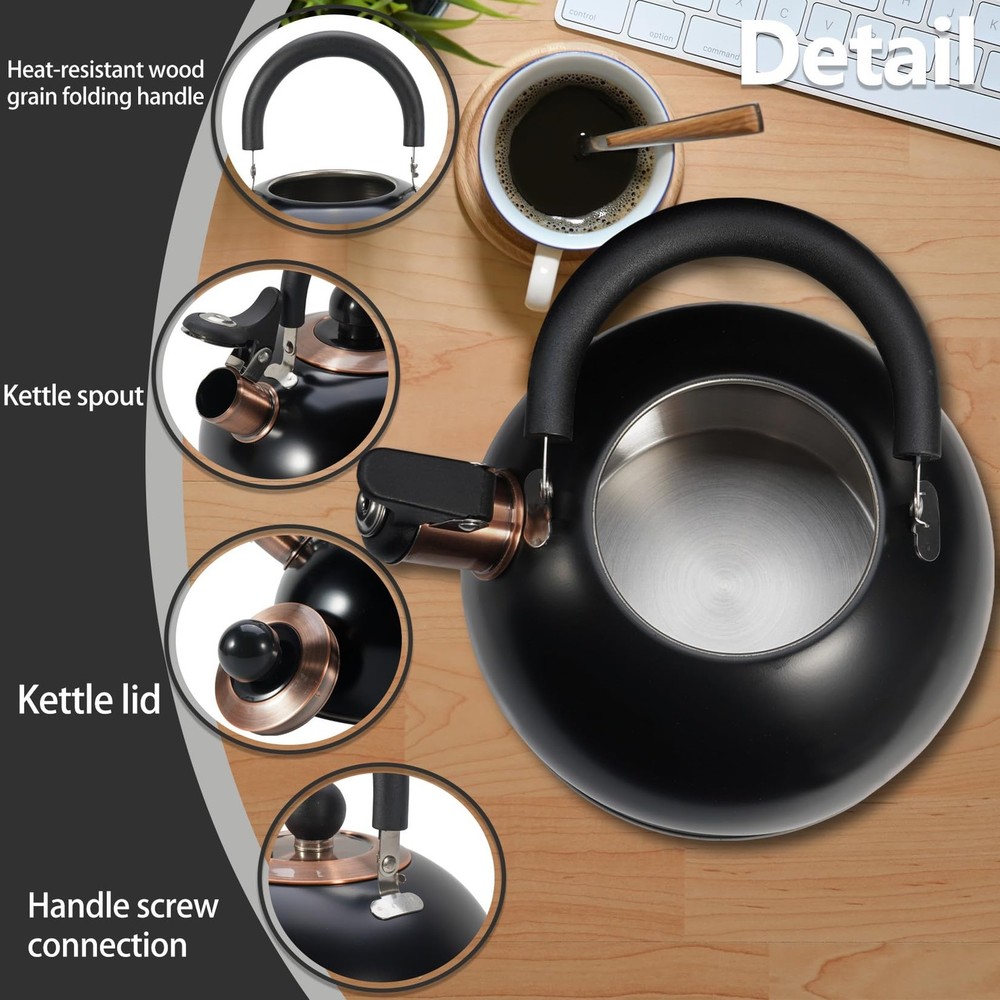 2.6-Quart Black Whistling Tea Kettle for Stovetop with Wood Pattern Handle
