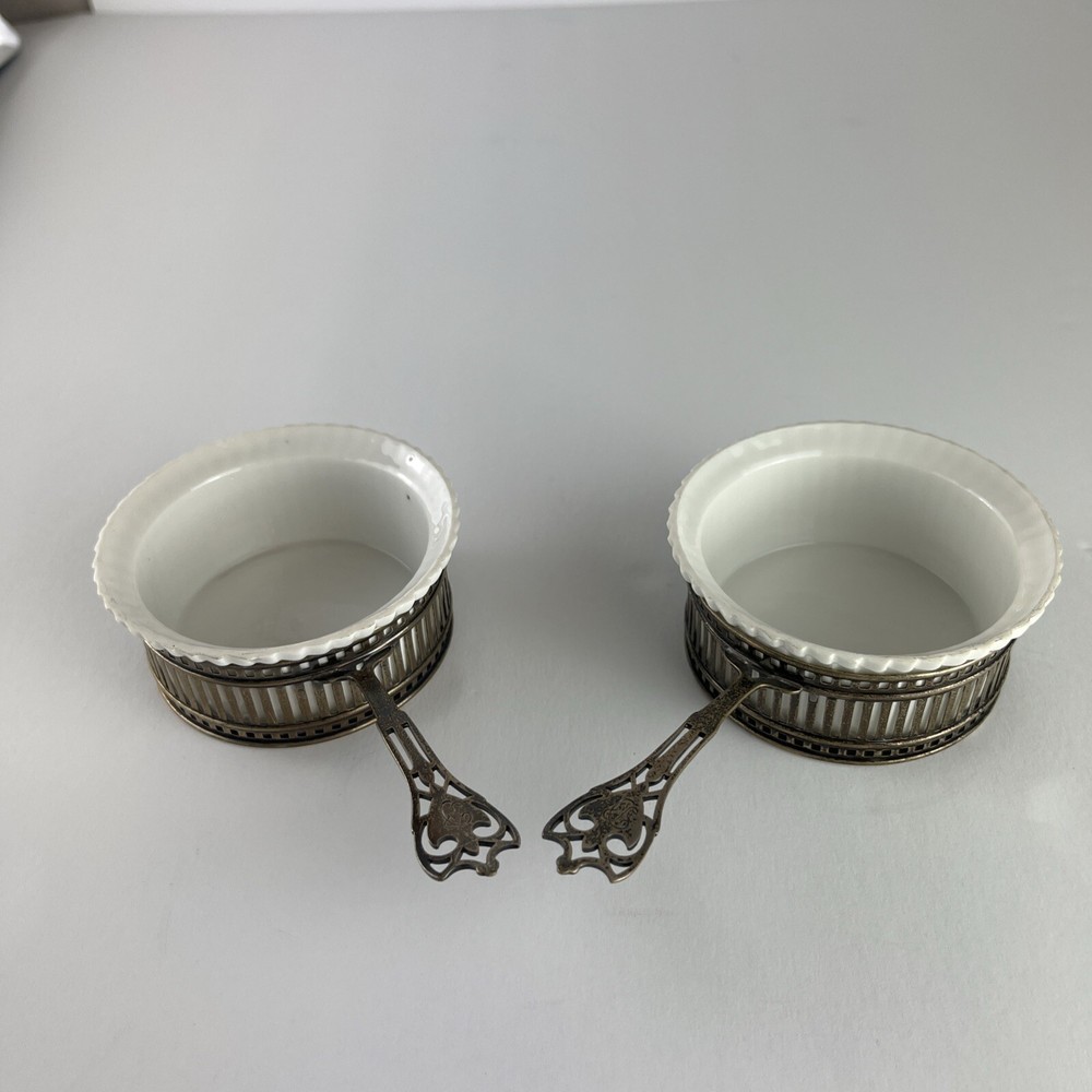 Pair Of German Porcelain Ramekins With Sterling Silver Frames