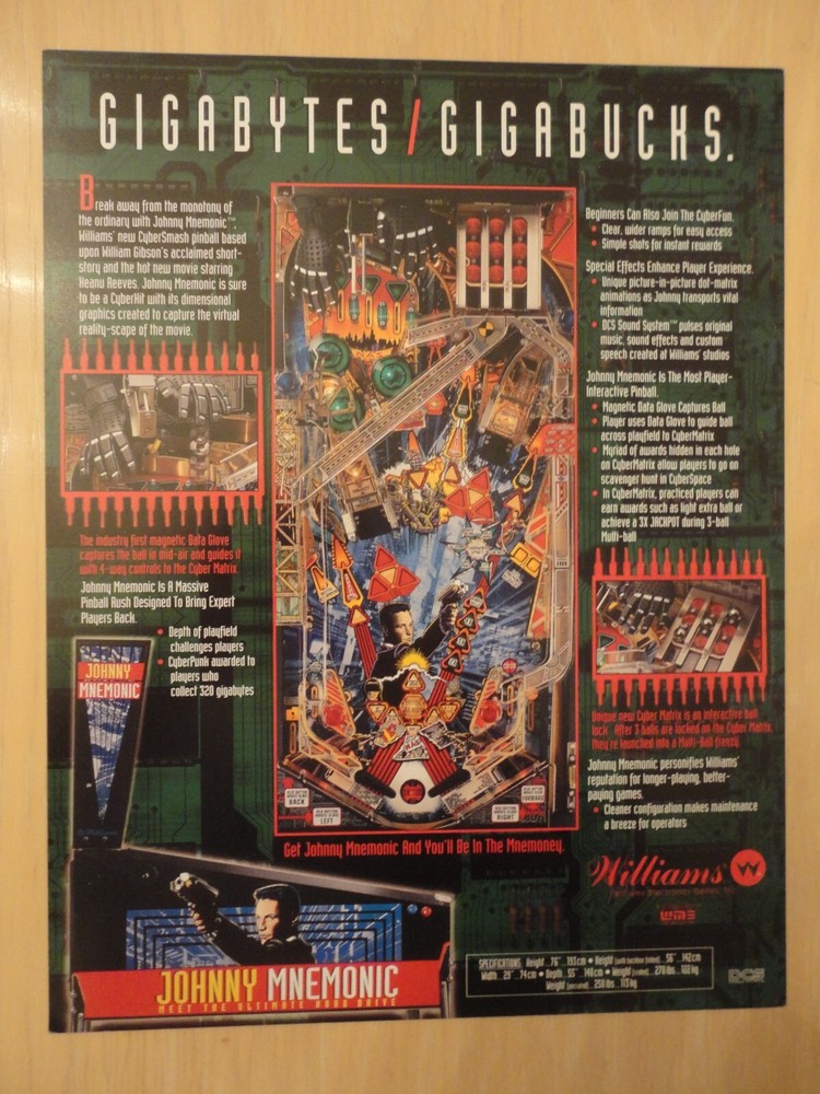 Johnny Mnemonic Pinball Flyer Williams Original Brochure