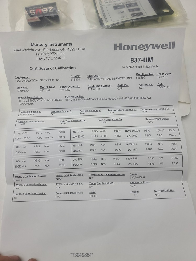 HONEYWELL CHART RECORDER MODEL:837-UM. / 2