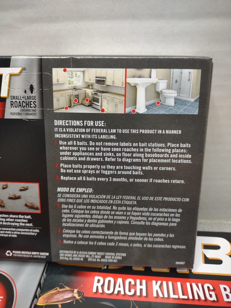 3 COMBAT Roach Killing Bait Kills Small & Large Roaches Non-Stop 6 Bait Stations