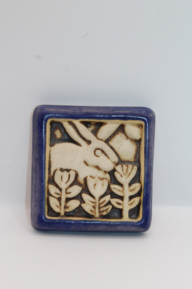 Carruth Studio Art Pottery Ceramic Mini Tile 1996 Rabbit Flowers Spring