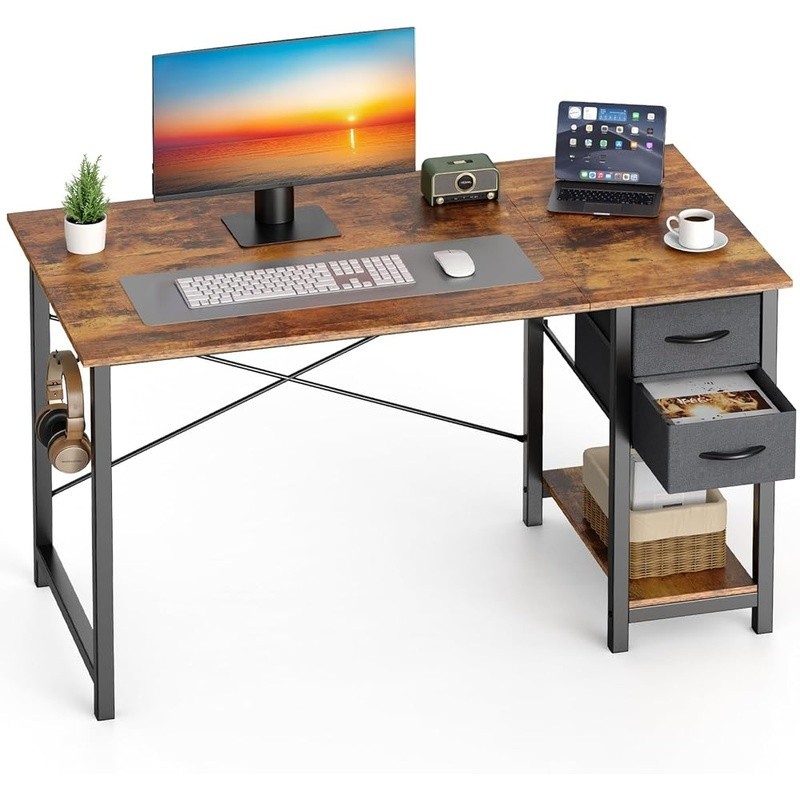 Durable Computer Desk W/ X-Frame Support Adjustable Drawer & Handy Hooks New