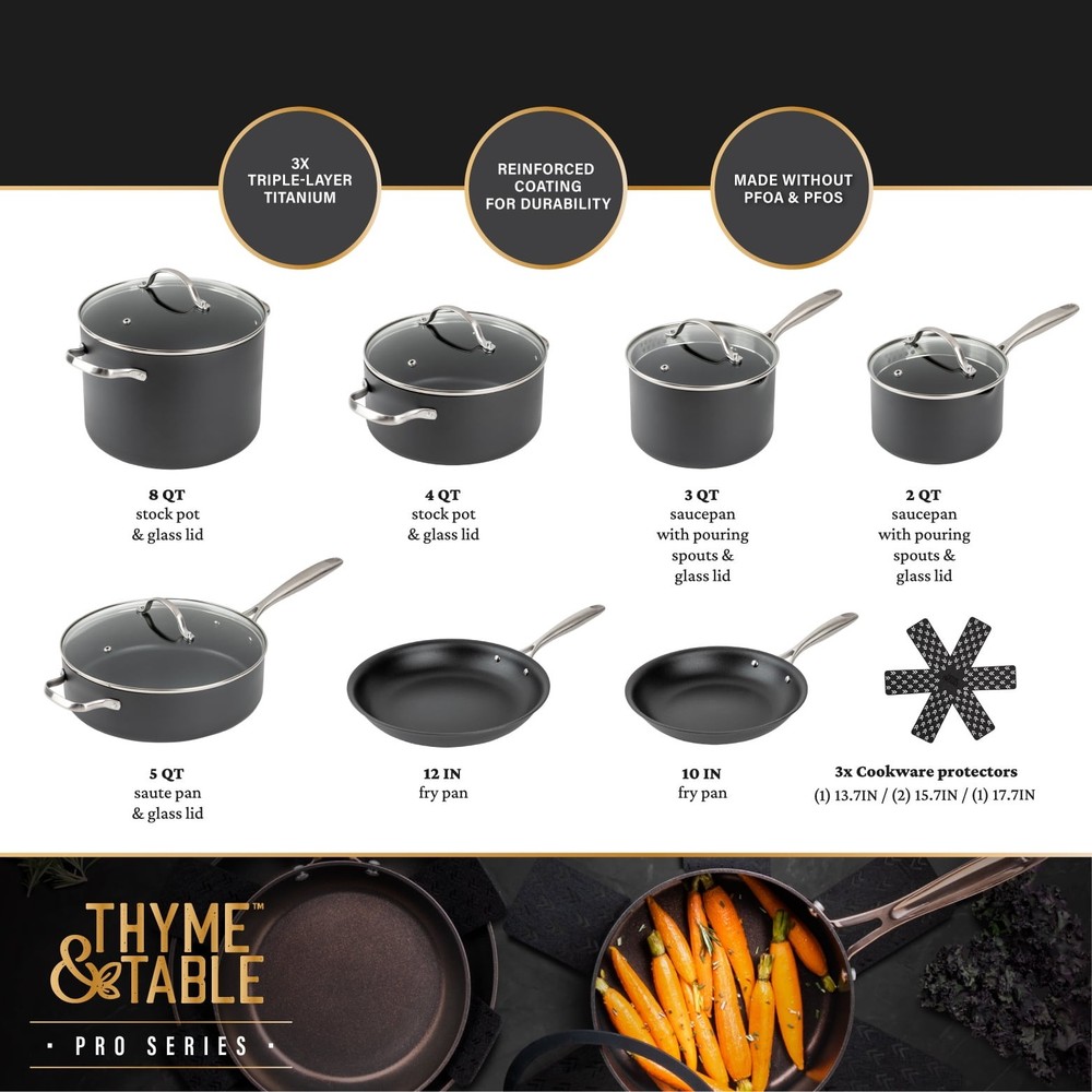 Thyme & Table 15-Piece Non-Stick Hard Anodized Cookware Set – Black