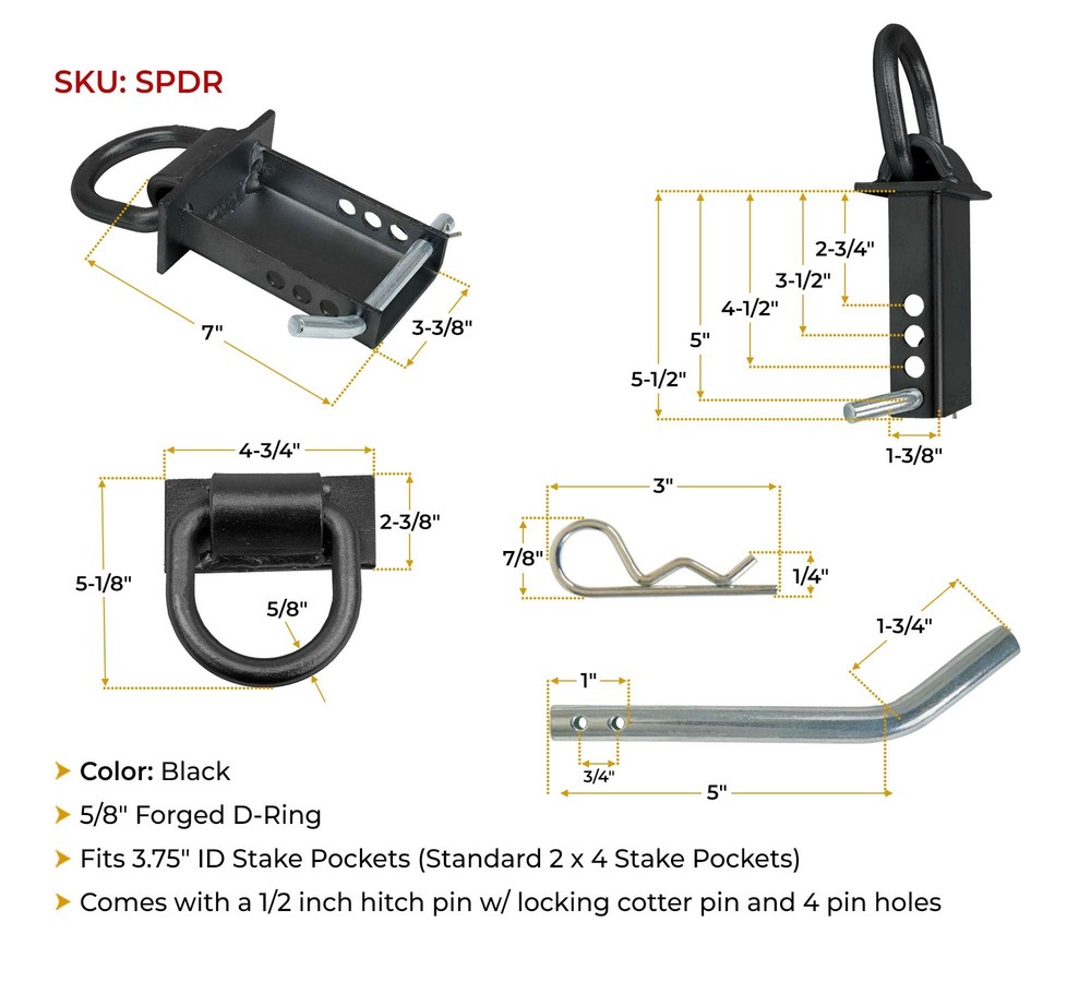 (4 Pack) Heavy Duty Adjustable Trailer Stake Pocket D-Ring 5400 Lbs Load Limit