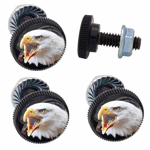 4 Black Knurled Custom License Plate Frame Tag Bolt Kit USA BALD EAGLE 🦅
