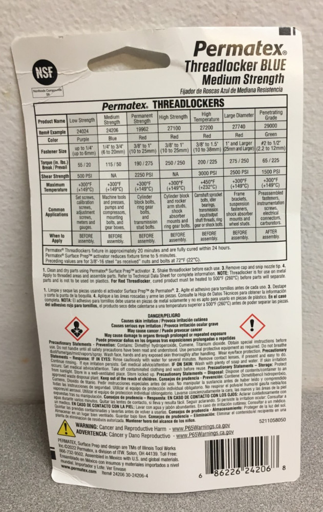 Permatex 24206 Medium Strength Threadlocker BLUE 0.08 fl oz.
