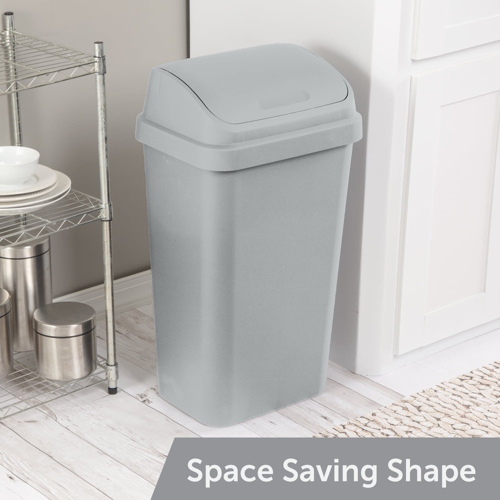 Kitchen Trash Can, 13 Gallon Plastic Garbage Bin with Swing Top Lid, Light Gray