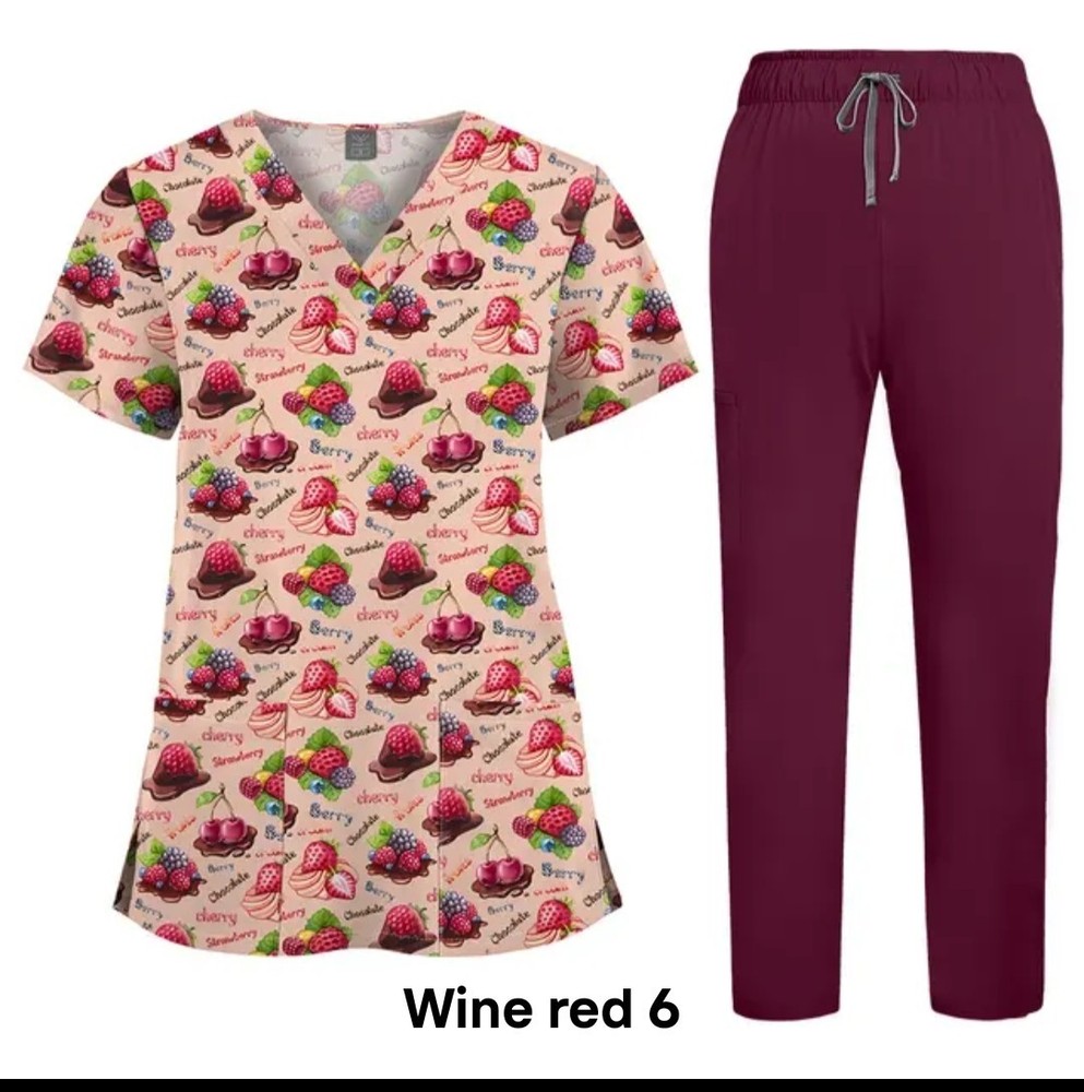 Patterned Berry Fruit Print Scrubs Set Unisex L Wine Red Pants Polyester Spandex