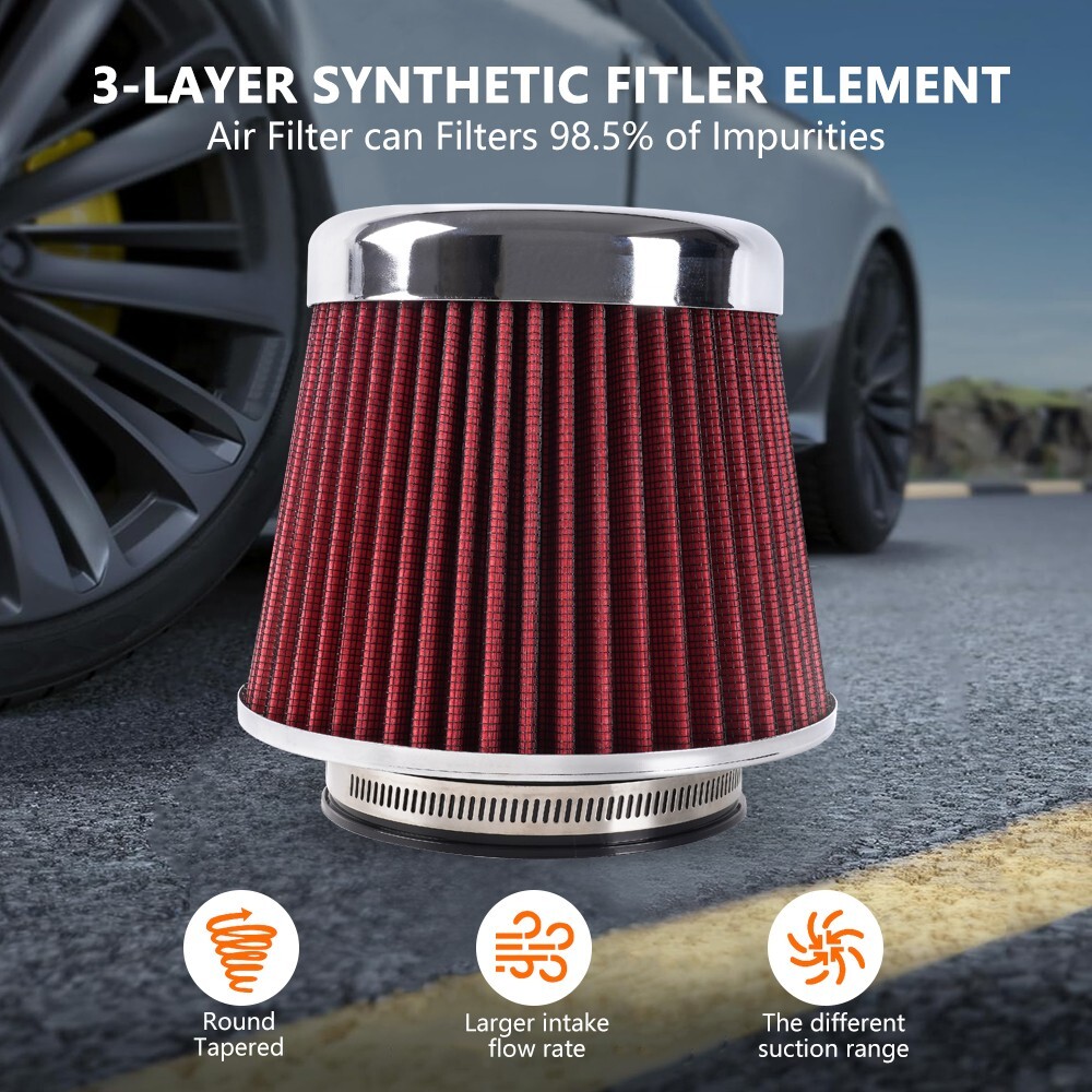 Red 3"/3.5"/4" High Flow Inlet Dry Air Filter Cold Air Intake Cone Replacement