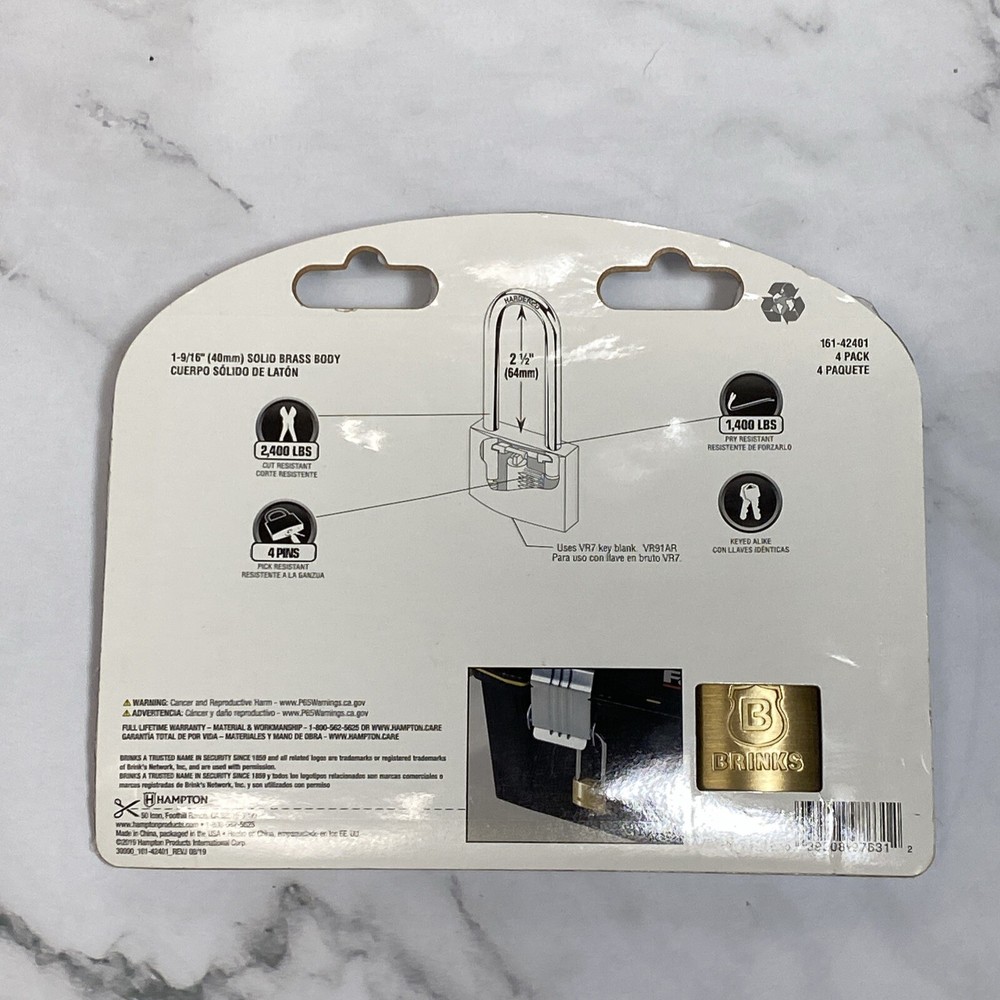 Brinks Solid Brass Padlock, 40mm Body with 2-1/2 inch Shackle, 4 Pack Keyed J5