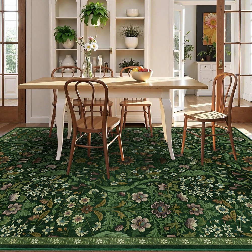 5×7 Dark Green Washable Floral Area 5' x 7' (Rectangular),