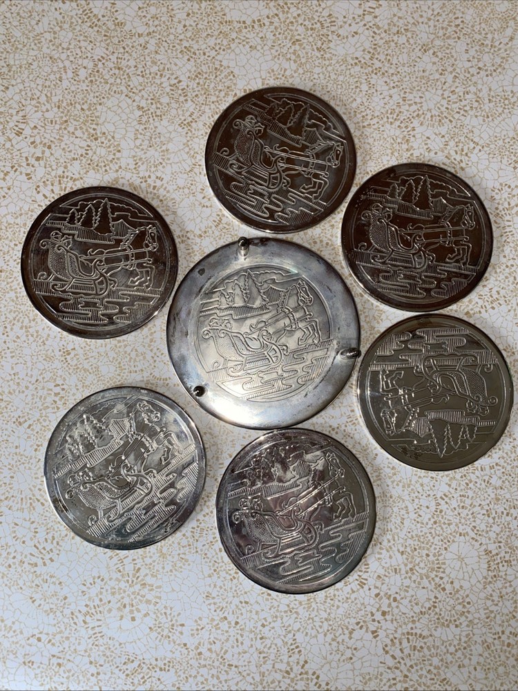 VTG 7 Pc Embossed Silver Plated Coaster Set, With Original Box