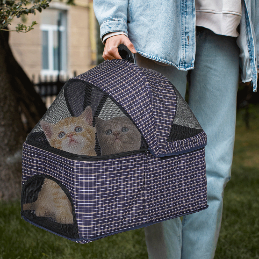4 Wheels Pet Stroller Foldable Cat Cage Puppy Stroller Storage Basket+Cup Holder