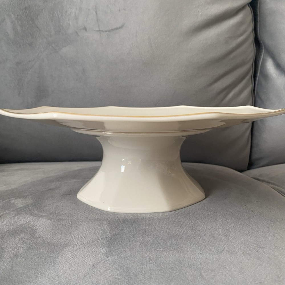 Lenox Special Cake Plate Stand Footed White Octagonal With Gold