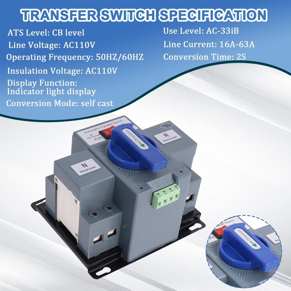 Dual Power Automatic Transfer Switch, 2P 63A 110V Generator Blue