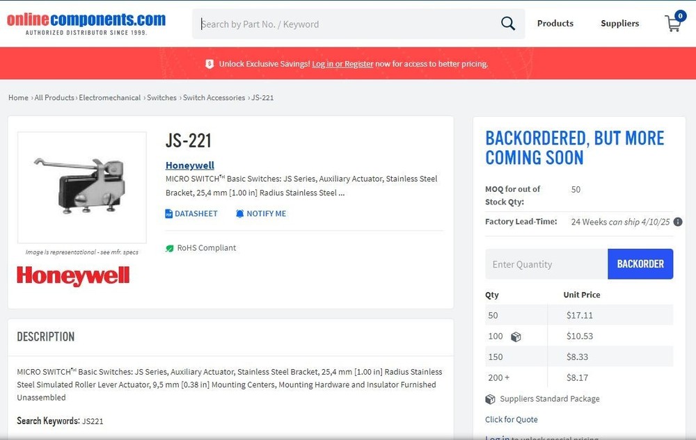 Micro Switch JS-221 Switch Access Snap Action Roller Lever Actuator - New