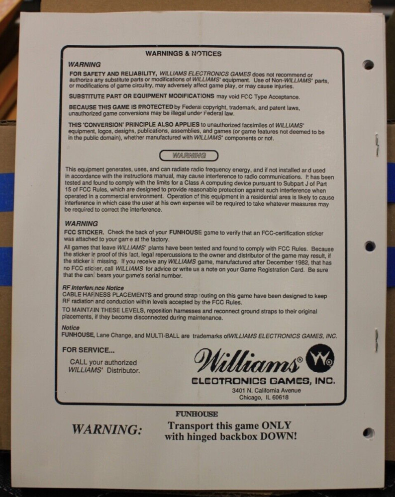 Fun House Pinball Operations Manual - Reprint - Williams