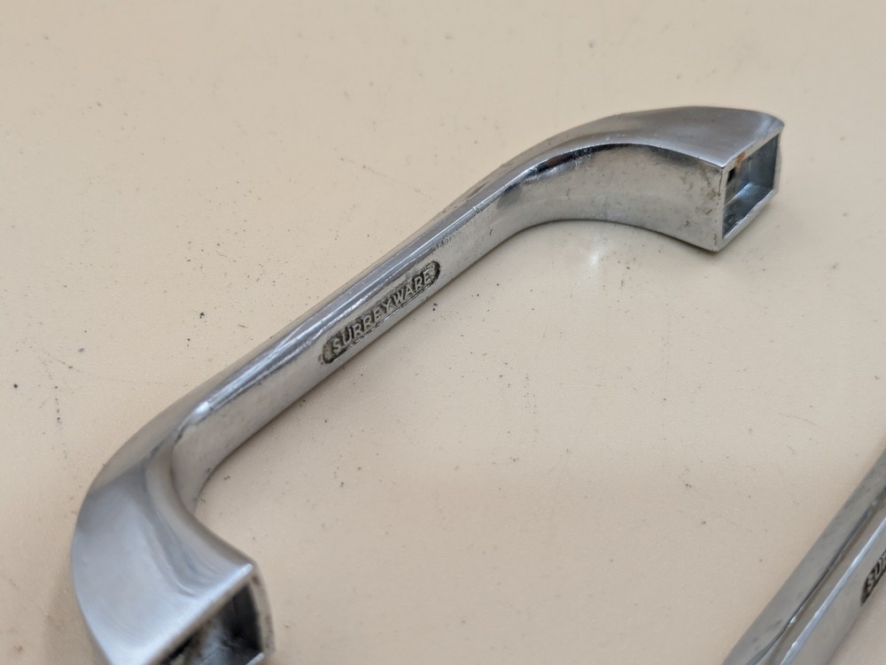 Pair Vintage Surrey Ware Mid Century Kitchen Cabinet Drawer Pull Handle Chrome