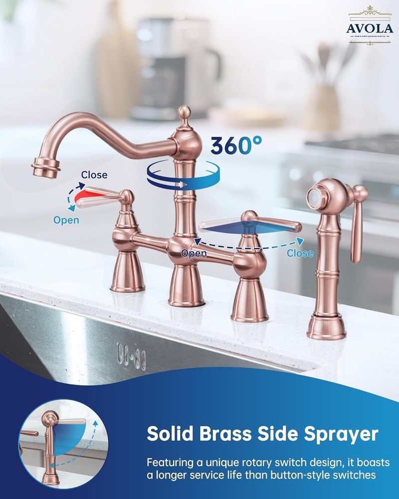Solid Brass Copper Bridge Kitchen Faucet with Pull Down Sprayer,2 Handles 4 H...