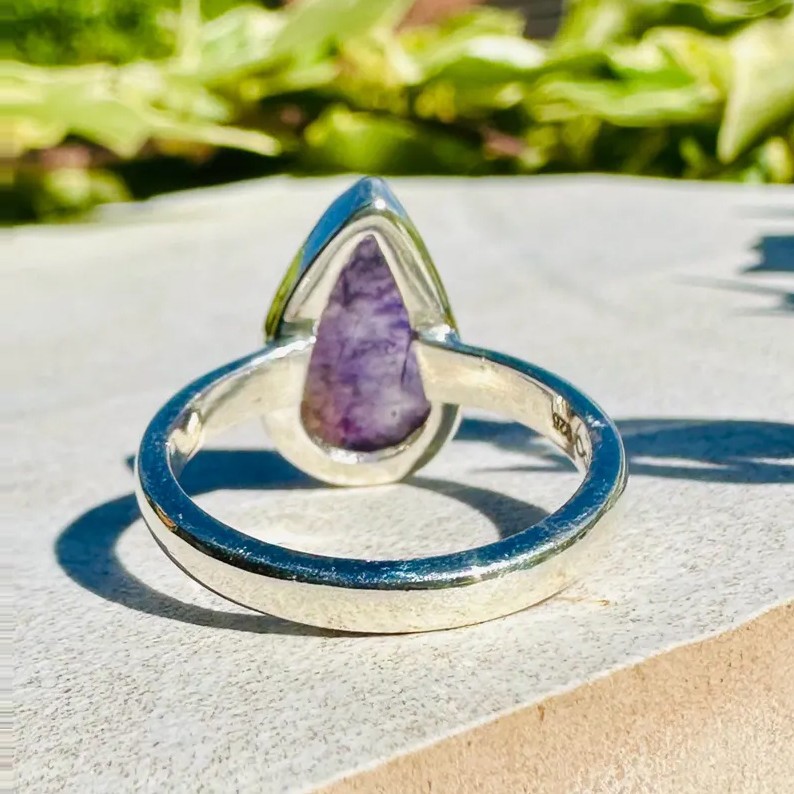 Solid 925 Sterling Silver Natural Purple Blue John Teardrop Stone Handmade Ring
