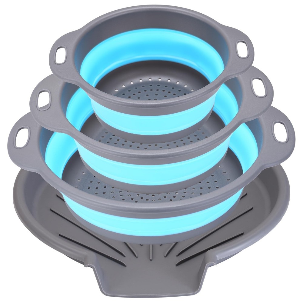Collapsible Colander Set 3 Pack Foldable Strainers Gray-Blue Space Saving Base