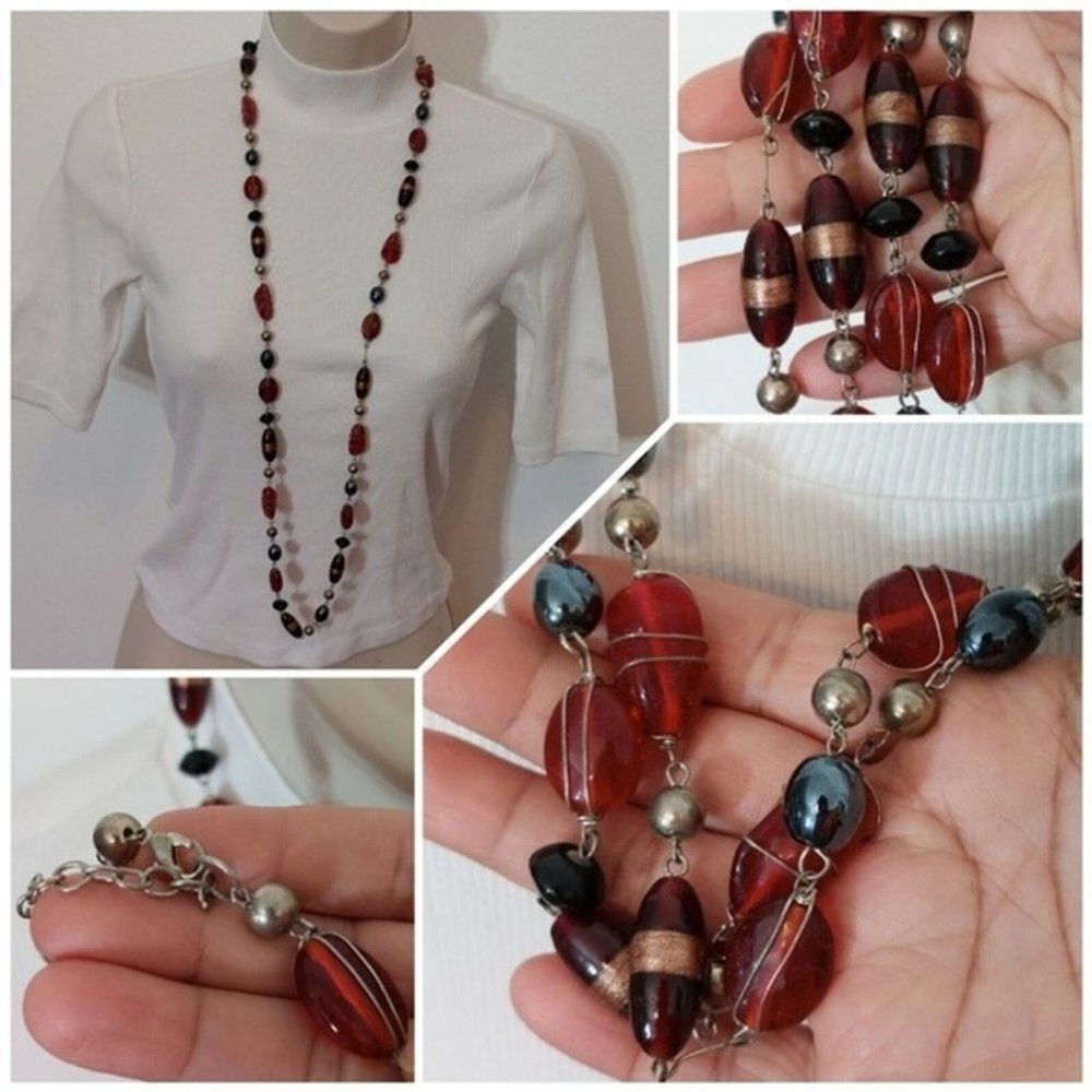 Wire Wrapped Glass Beads Beaded Extra Long Necklace