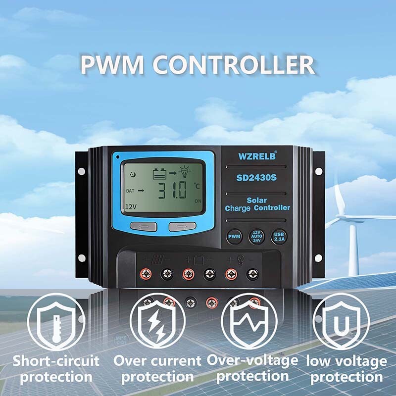 PWM Solar Panel Battery Charge LCD Controller 30A 12V/24VAuto Regulator Dual USB