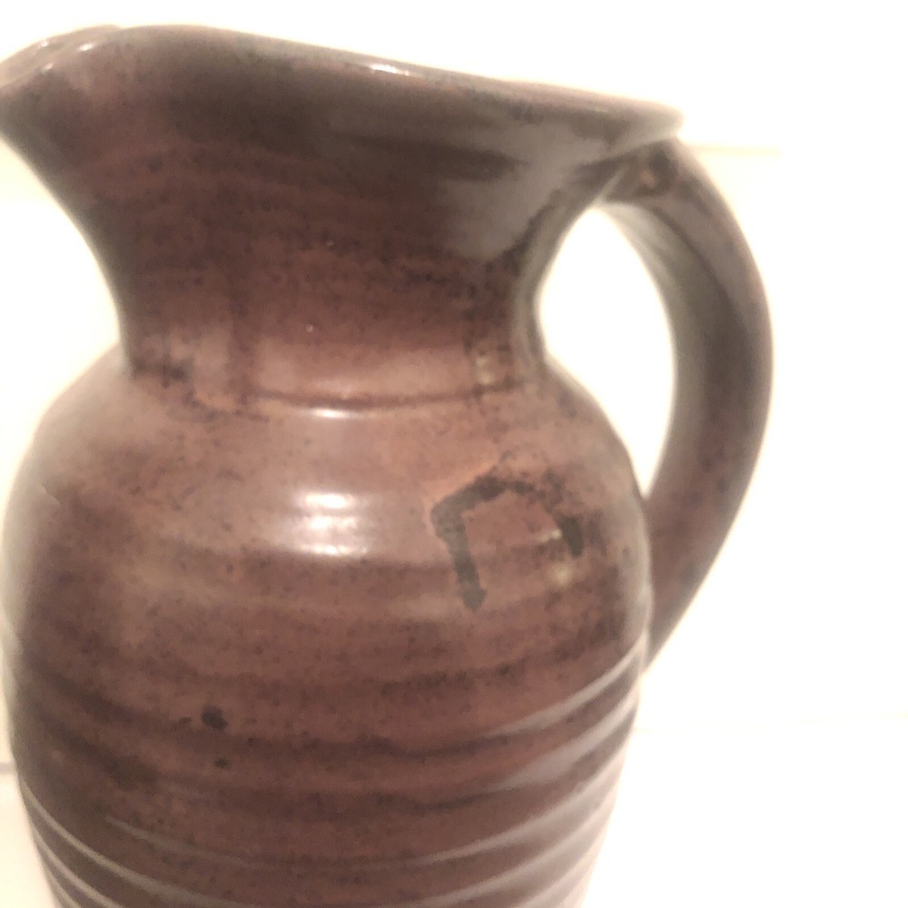 Art Pottery Ceramic Pitcher Rustic Drip Glaze Ribbed Pattern Scroll Handle 11.5”