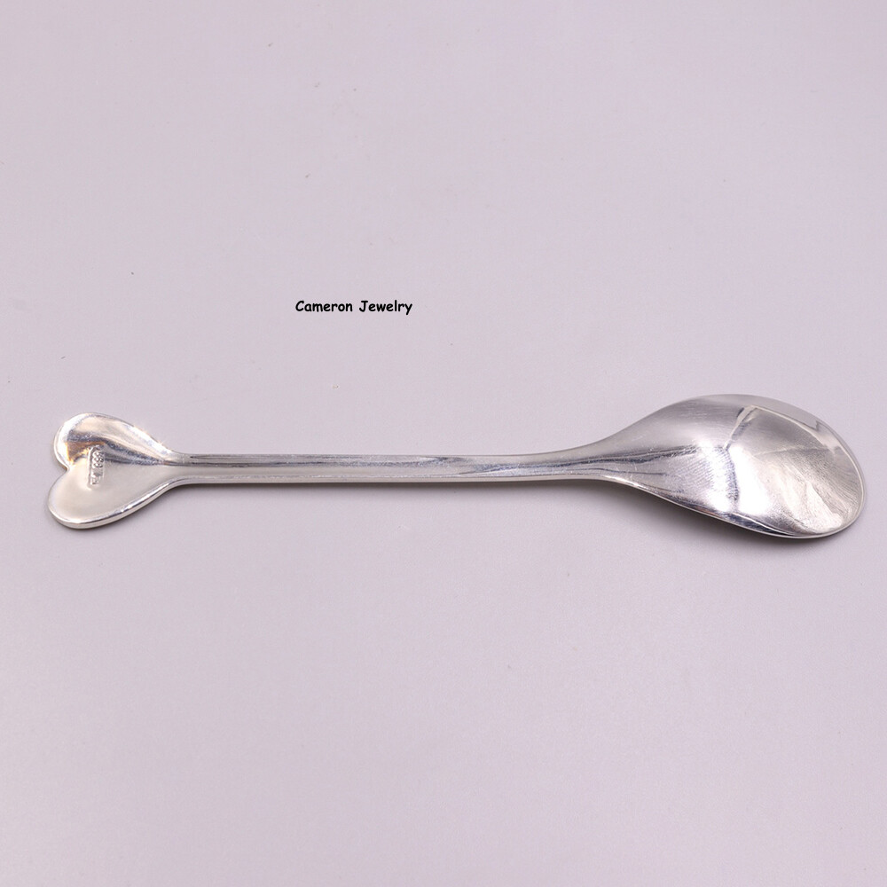 Solid S999 Fine Silver Healthy Tableware Heart Handle Soup Spoon 22-23g 5.1inch