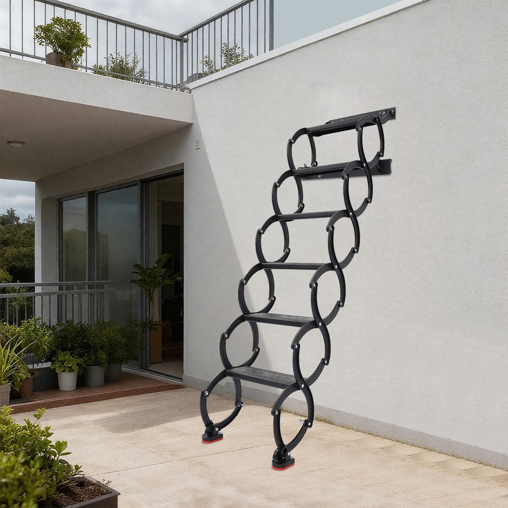 6-Step Wall Mounted Folding Ladder, Black Retractable Telescoping Step Stairs