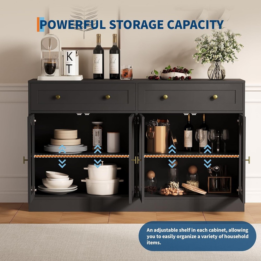 Modern 55" Sideboard Buffet Cabinet – Doors, Storage Drawers, Adjustable Shelves