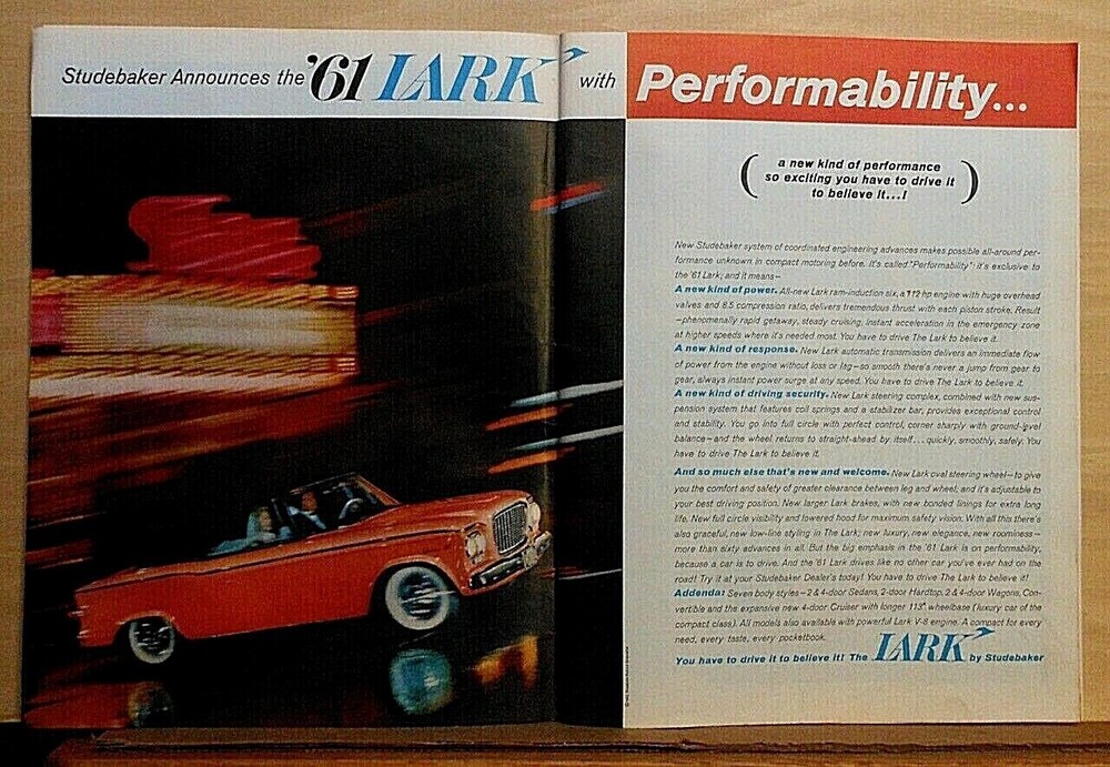1960 double page  magazine ad for Studebaker - Red 1961 Lark, Performability