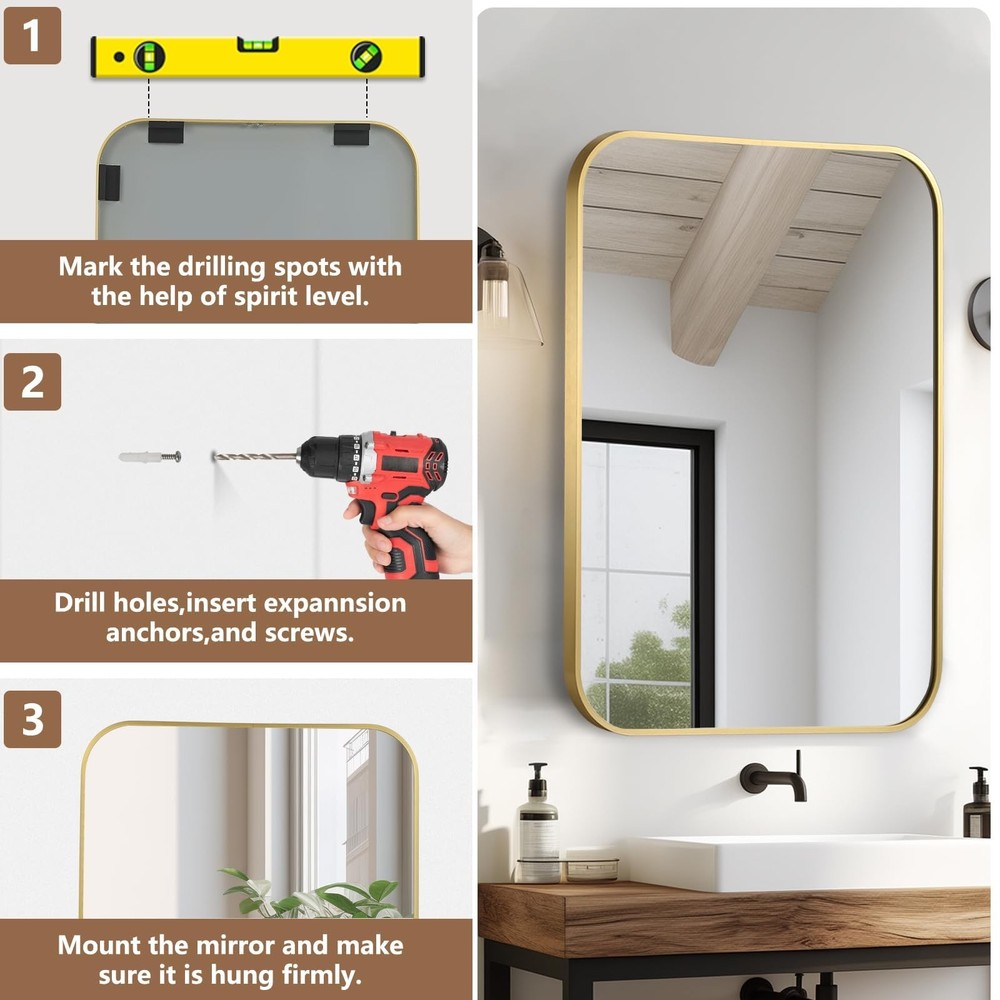 Brushed Gold Mirror, 22"x30" Rectangle Bathroom Mirror, Metal Frame Rectangle...
